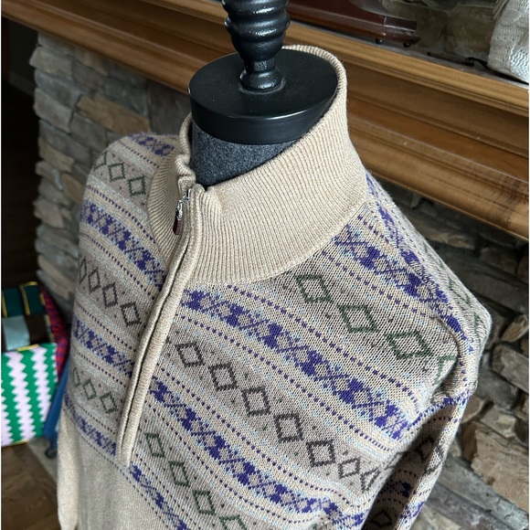 BYFORD Men’s All Cotton Camel & Purple Half Zip Fair Isle Pull Over - Size XL - Picture 1 of 12